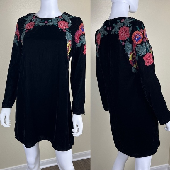 Zara Women’s Size M Black Velvet Floral Embroidered Beaded Shift Mini Dress Boho - Picture 1 of 16
